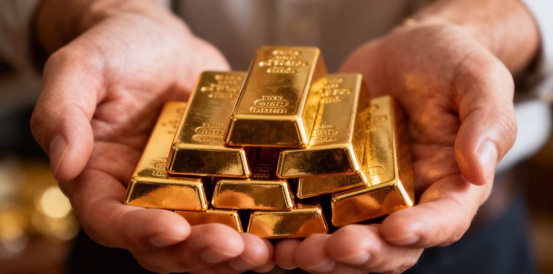 Mains tenant des lingots d'or brillants.