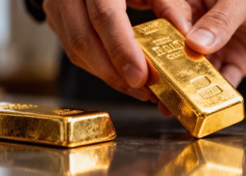 Main d'une personne tenant une barre d'or brillante.