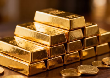 Lingots et pièces d'or brillant sur fond sombre.