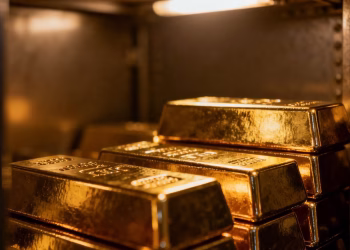 Lingots d'or empilés dans un coffre-fort sécurisé.