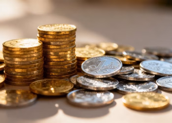 Pièces d'or et d'argent brillantes empilées.