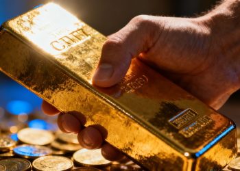 Main d'une personne tenant une barre d'or