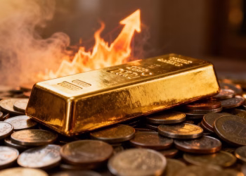 Lingot d'or sur des pièces avec une lueur ardente.