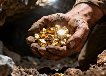 Mains de mineur tenant des pépites d'or brillantes.