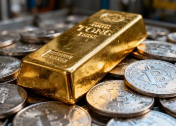 Barre d'or et pièces d'argent, métaux précieux pour l'investissement.