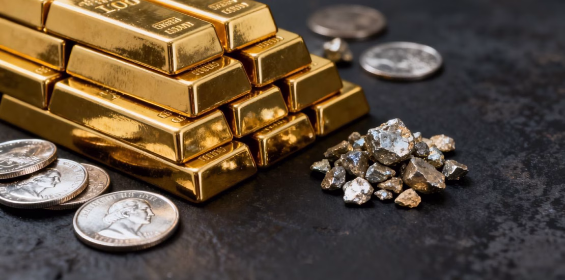 Lingots d'or et pièces d'argent sur fond sombre.
