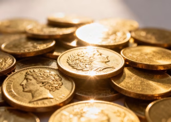Pièces d'or de collection empilées, lueur dorée.