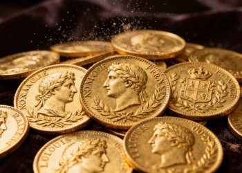 Pièces d'or françaises anciennes empilées, brillance dorée.
