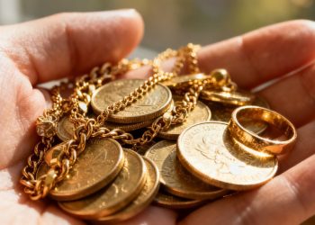 Main d'or tenant des pièces d'or et des bijoux.