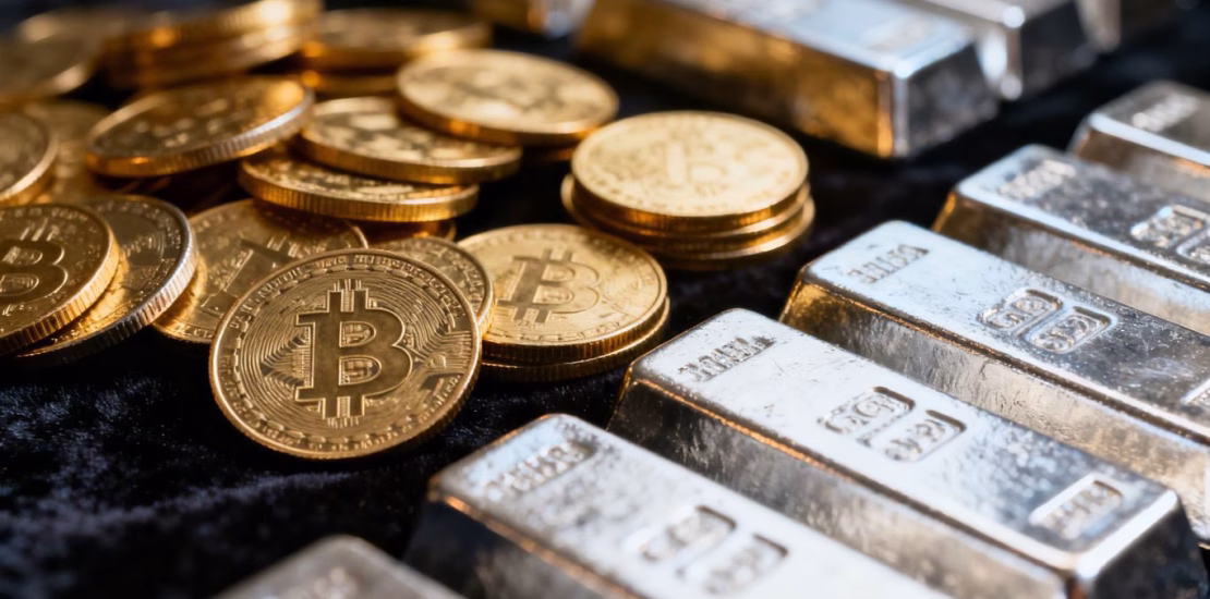 Pièces d'or et barres d'argent dans un portefeuille.