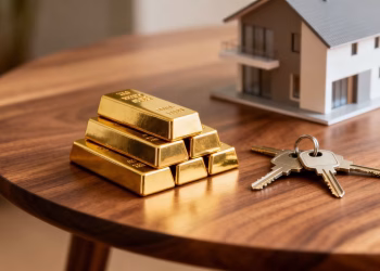 Lingots d'or et clés devant une maison miniature moderne.