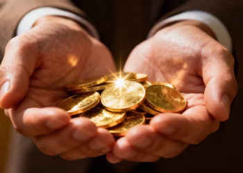 Personne discrètement donnant des pièces d'or