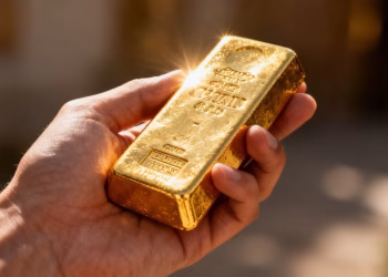 Une main tenant une barre d'or brillante.