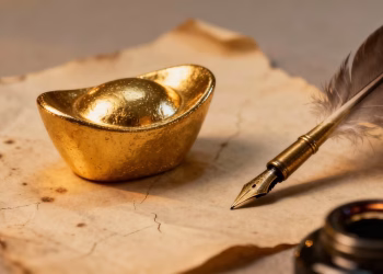 Lingot d'or sur un parchemin avec une plume.