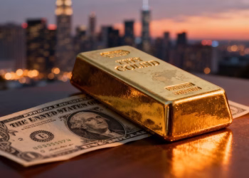 Lingot d'or et billet de dollar américain sur fond flou.