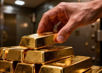 Main d'or plaçant une barre d'or sur une pile.