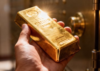 Main d'une personne tenant une barre d'or brillante.