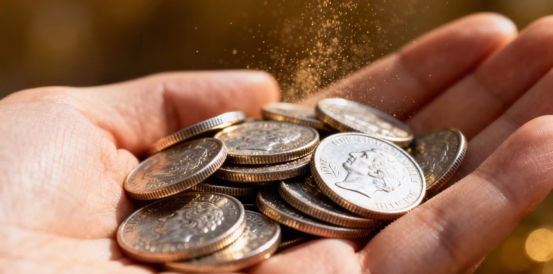 Main d'une personne tenant des pièces d'argent.