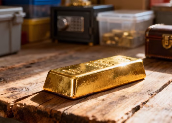 Lingots d'or et diverses options de stockage.