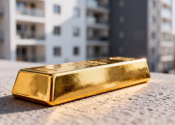 Barre d'or sur fond immobilier flou.