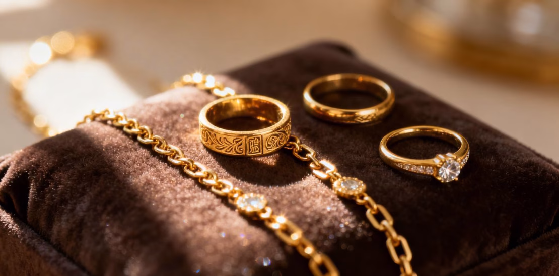 Bijoux en or sur un coussin de velours.