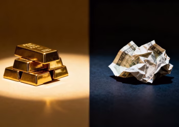Lingots d'or et billets de banque froissés côte à côte.