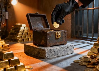 Coffre-fort rempli de lingots et pièces d'or.