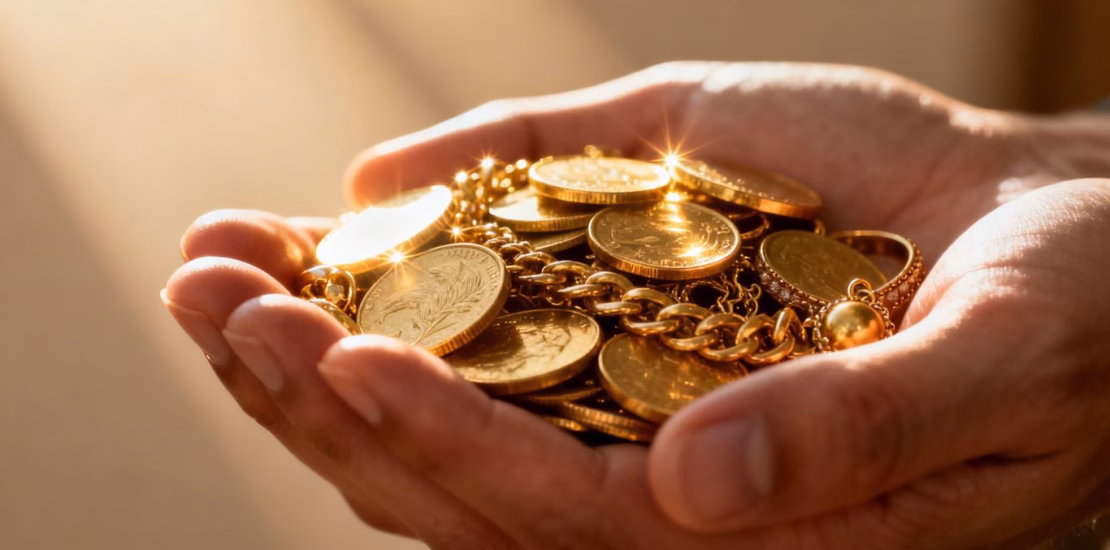 يد ذهبية تحمل العملات الذهبية والمجوهرات.