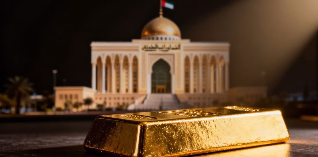 Lingot d'or devant la banque centrale des Émirats arabes unis.