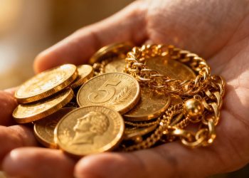 Main d'or tenant des pièces d'or et des bijoux