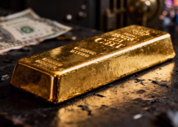 Lingot d'or sur fond sombre, symbole de sécurité financière.