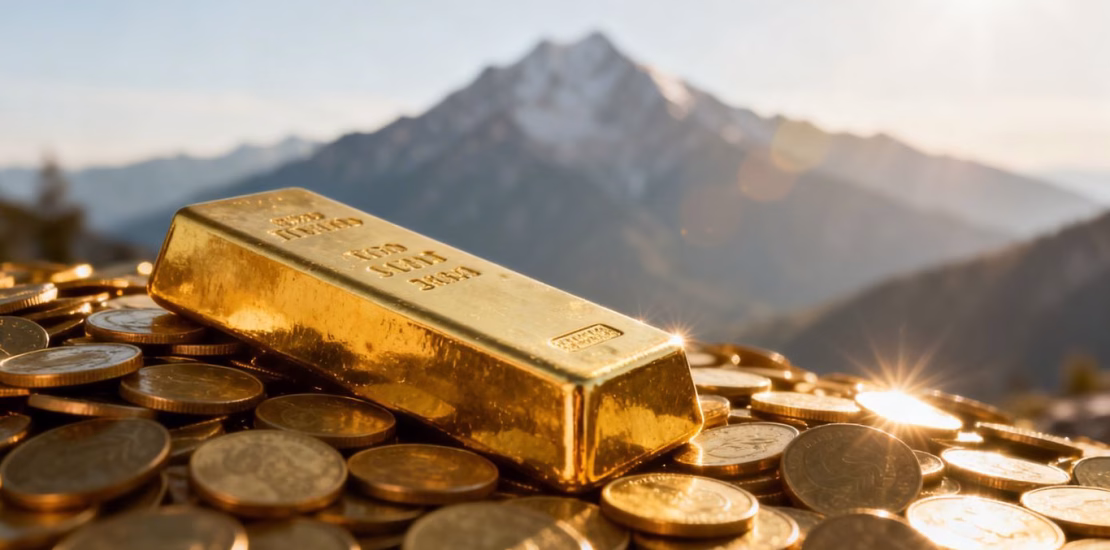 Lingot d'or sur des pièces d'or avec montagnes.