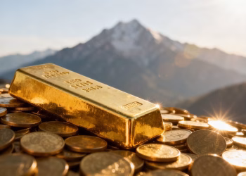 Lingot d'or sur des pièces d'or avec montagnes.