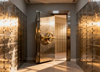Intérieur d'un coffre-fort avec des boîtes de dépôt sécurisées.