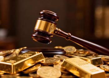 Marteau de vente aux enchères sur des pièces d'or.