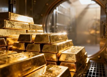 Lingots d'or brillants dans un coffre-fort.