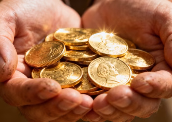 Mains tenant des pièces d'or brillantes