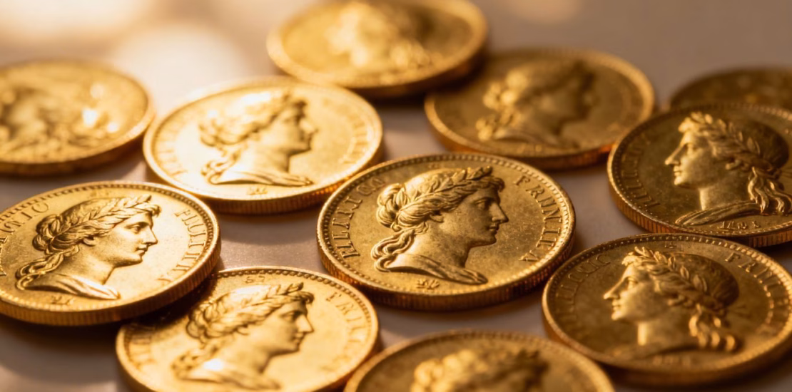 Pièces d'or françaises brillantes, gros plan.
