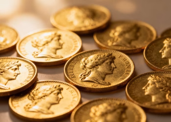 Pièces d'or françaises brillantes, gros plan.