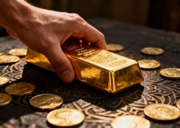 Main d'une personne tenant une barre d'or et des pièces.