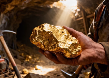 Mineur tenant une pépite d'or brillante dans une mine.