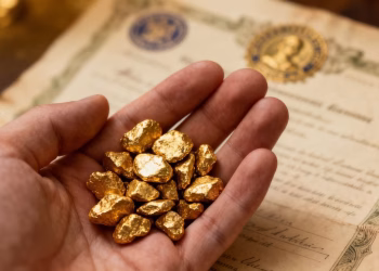 Main de personne tenant des pépites d'or et des documents.