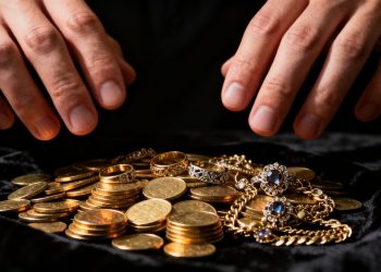 Mains examinant des pièces d'or et des bijoux avec prudence.