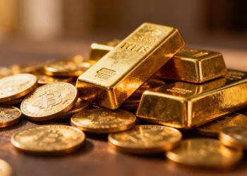 Petite quantité d'or, pièces et lingots brillants.