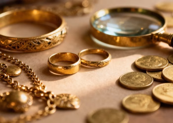 Bijoux anciens en or, pièces d'or et loupe.