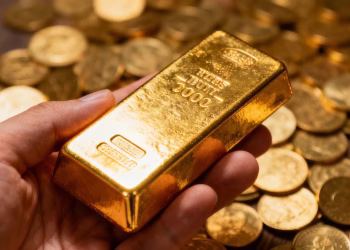 Main d'or tenant une barre d'or brillante avec des pièces.