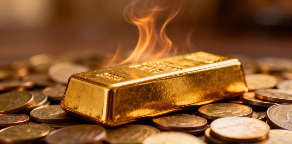 Lingot d'or sur des pièces, avec des vagues de chaleur.