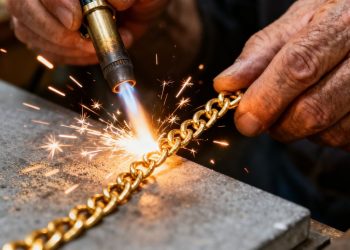 Mains de bijoutier soudant une chaîne en or cassée.