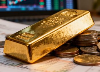 Barre d'or sur des pièces, symbole de richesse et d'investissement.