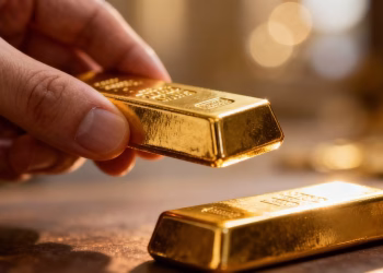 Main d'or tenant une barre d'or brillant.